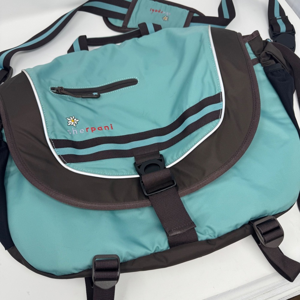 Sherpani Messenger Bag Teal Brown Floral Lining Padded Laptop Travel | Crossbody